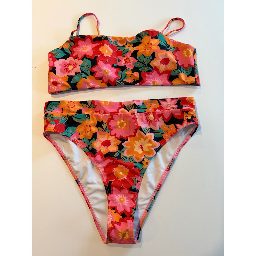 Floral High Waisted Bikini Set Two Piece Swimsuit‎ Pink Orange XL